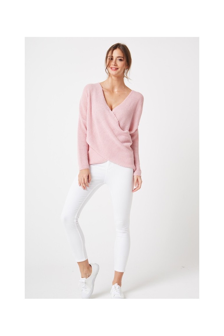 CM4209 Stylowy kopertowy sweter - pudrowy róż