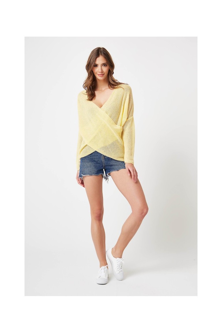 CM4209 Stylowy kopertowy sweter - żółty