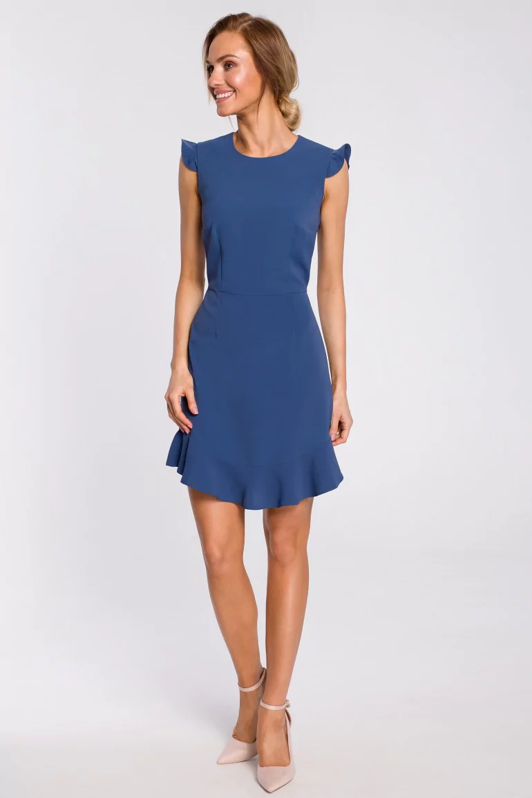 CM4316 Urocza sukienka mini z falbaną - niebieska