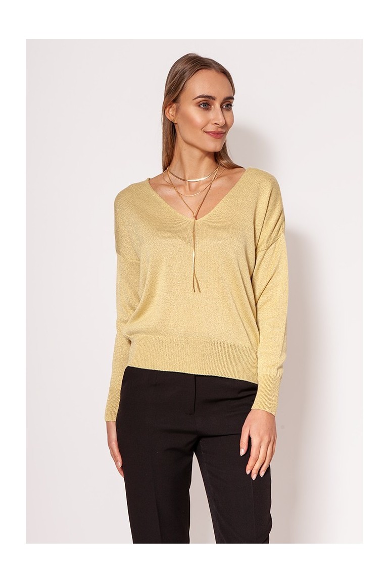 CM7304 Połyskujący sweter z dekoltem V - złoty