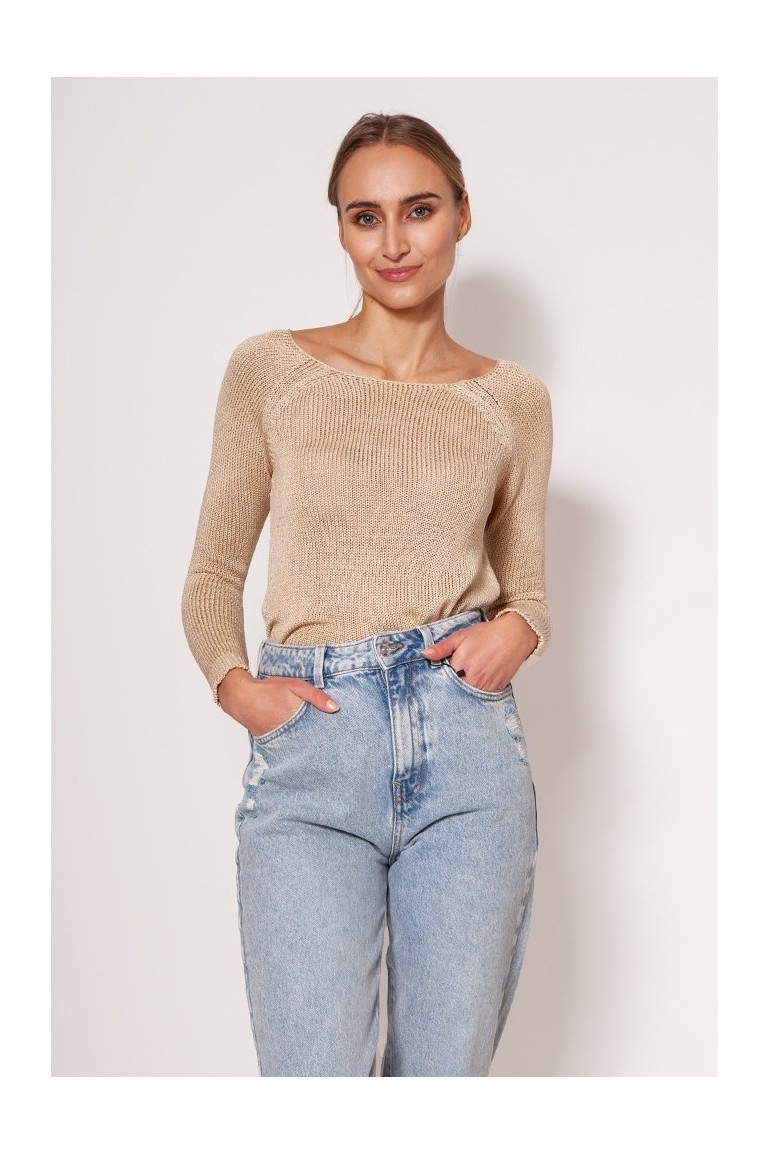 CM7306 Krótki sweter z dekoltem w łódkę - beżowy