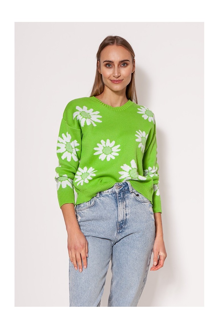 CM7309 Sweter w kwiatki o prostym kroju - seledynowy