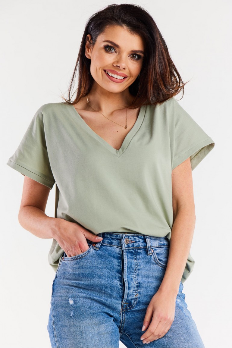 CM7324 Obszerny t-shirt z dekoltem V - miętowy