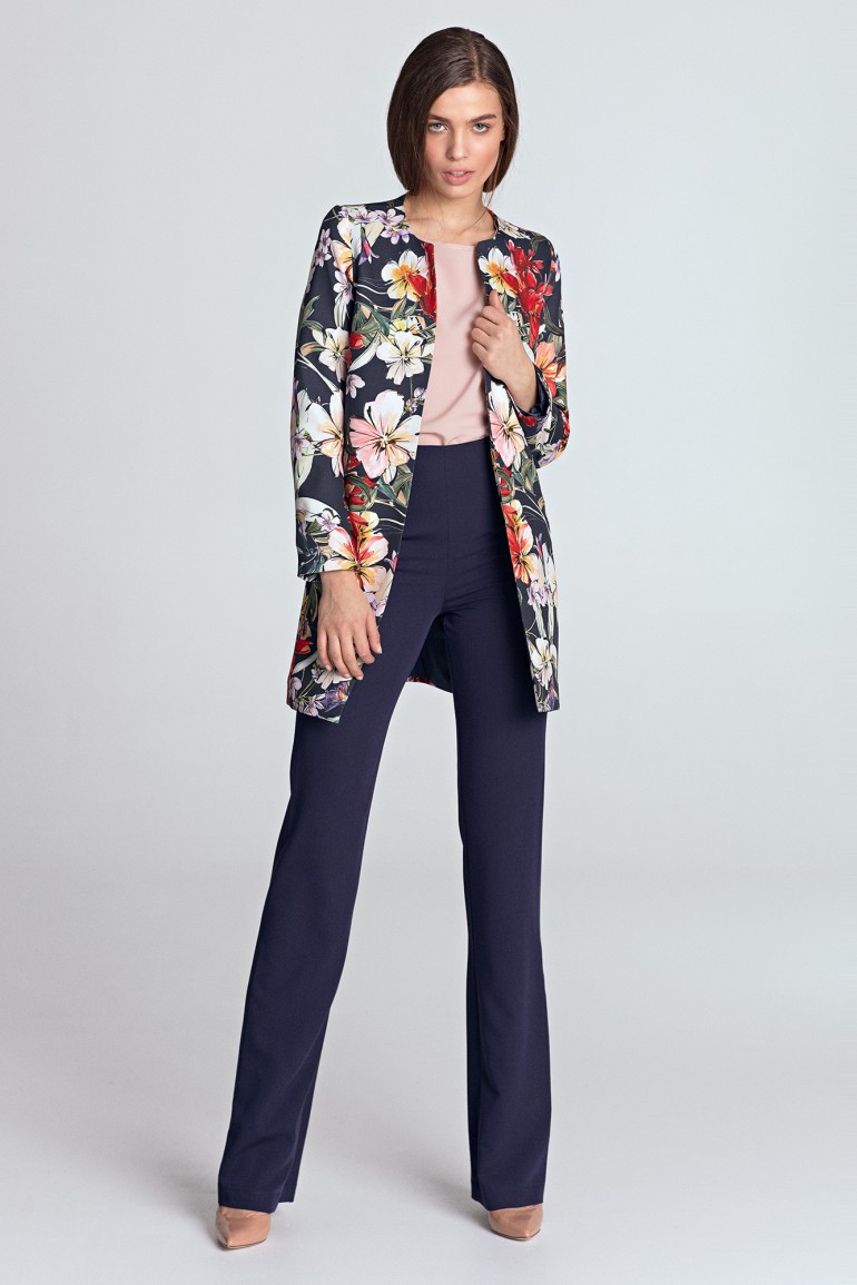 CM4408 Długi żakiet bez kołnierzyka - kwiaty-granatowy
